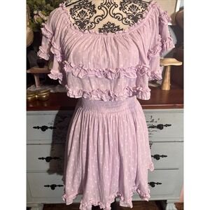 Mable Dress Womens Small Off Shoulder Ruffled Dot Lavender‎ Lined Mini.